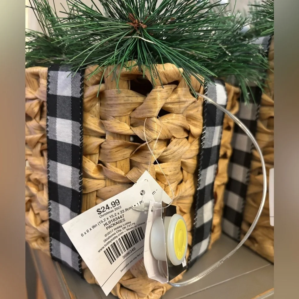 Woven Baskets with Greenery and Plaid Accent